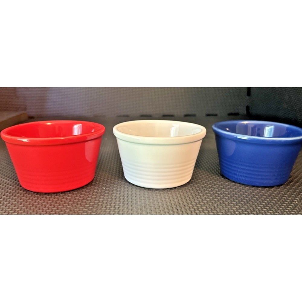 Chantal Red/White/Blue Ceramic Ramekins Custard Cups Set of 3, 1 Cup Size Each